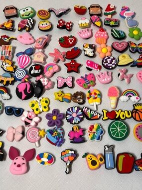 various cartoon-themed shoe croc charms and accessories, PVC resin charms